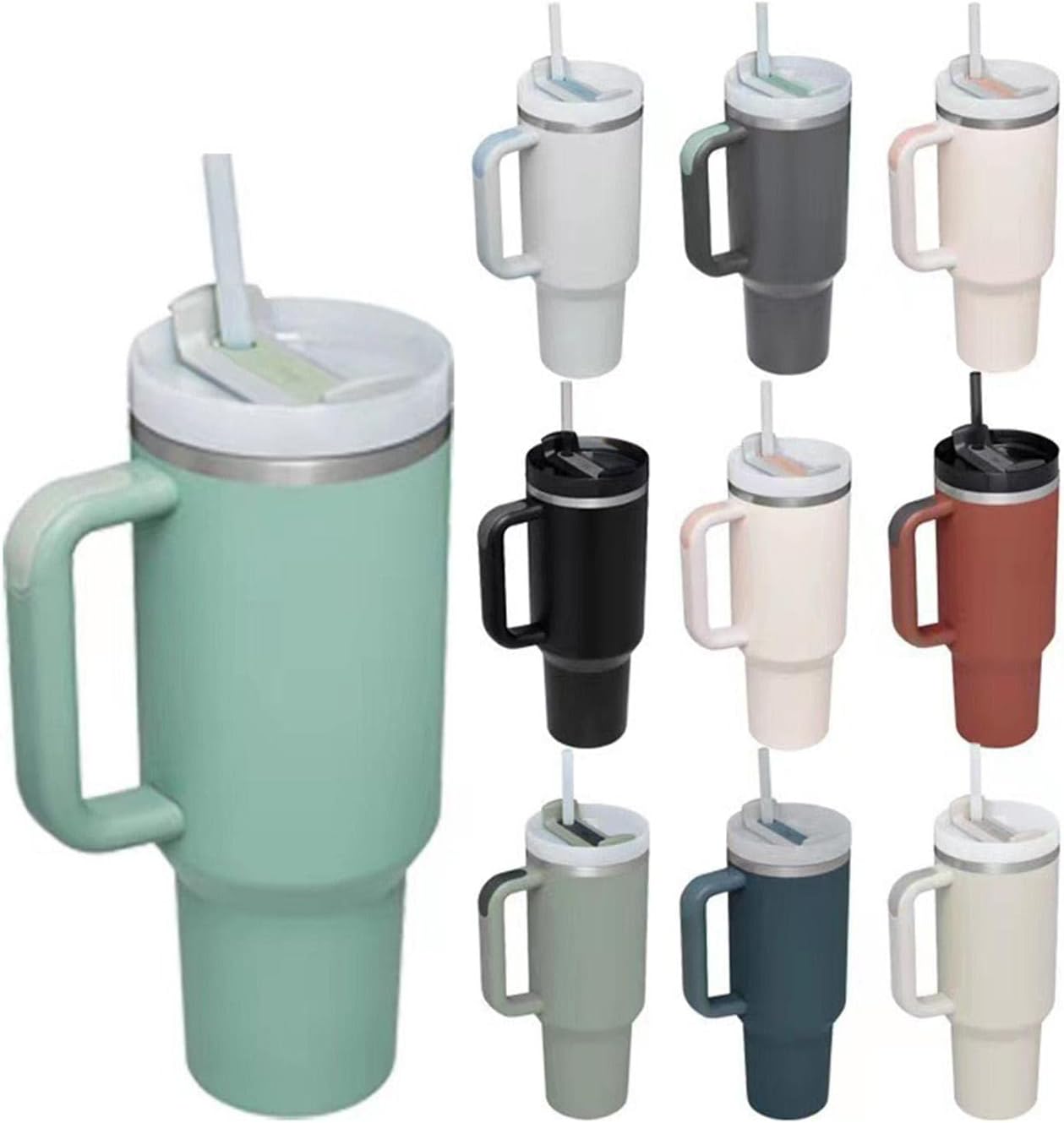 Car Cup Tumbler with Handle 40oz Leak-Resistant Lid Sealed Stainless Steel Cup Water Bottle for Hot Drinks and, Olive Green