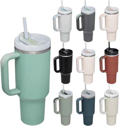 Car Cup Tumbler with Handle 40oz Leak-Resistant Lid Sealed Stainless Steel Cup Water Bottle for Hot Drinks and, Olive Green