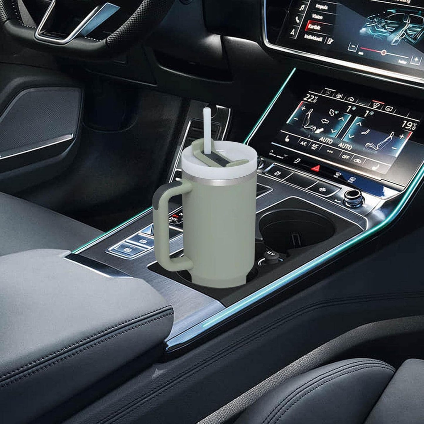 Car Cup Tumbler with Handle 40oz Leak-Resistant Lid Sealed Stainless Steel Cup Water Bottle for Hot Drinks and, Olive Green